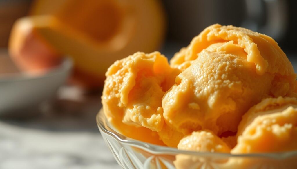 A vibrant mango ice cream, scoop nestled atop a swirl of golden, creamy custard. Glistening chunks of fresh mango speckle the frozen treat, casting a warm, tropical glow. Delicate mango flowers and leaves frame the scene, hinting at the sweet, aromatic flavors within. Soft, diffused lighting casts a gentle, inviting atmosphere, drawing the eye to the inviting mound of ice cream. The composition is balanced, with the mango elements flowing organically around the central focus - the tempting scoop, ready to be savored. An indulgent, mouthwatering display of a delightful mango ice cream variation.