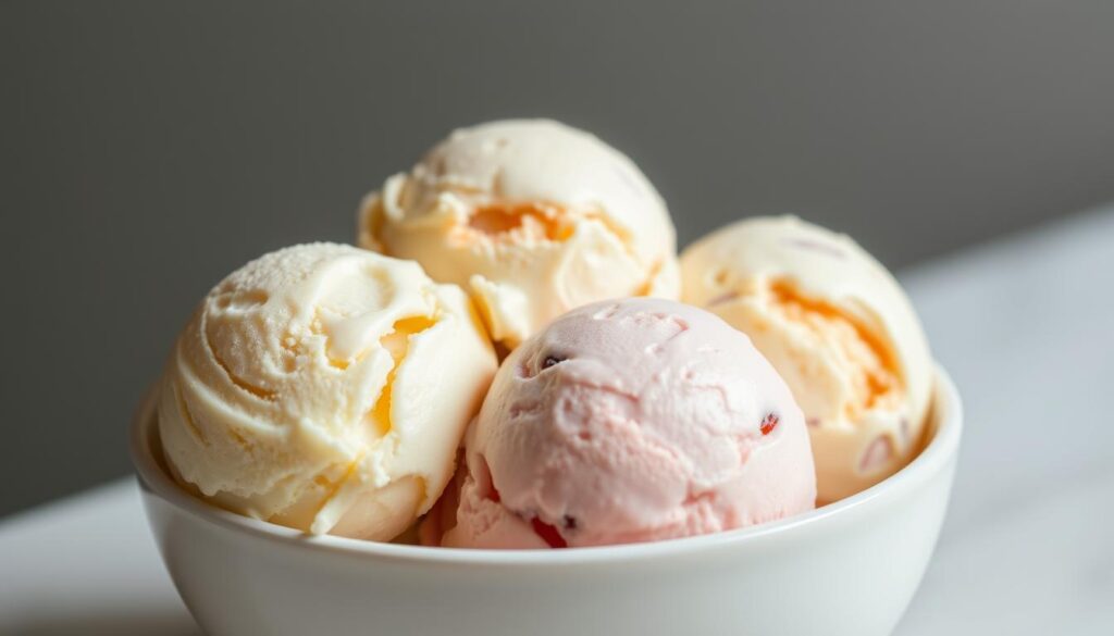 A close-up shot of three delectable scoops of artisanal ice cream, meticulously crafted with the finest dairy, sugar, and natural flavors. The creamy texture glistens under soft, diffused lighting, inviting a sensory experience. The ice cream is presented in a simple, minimalist white bowl, allowing the vibrant colors and flavors to take center stage. The background is a clean, uncluttered space, focusing the viewer's attention on the quality and craftsmanship of the dessert. The overall mood is one of pure indulgence and appreciation for the simple pleasures of high-quality, homemade ice cream.