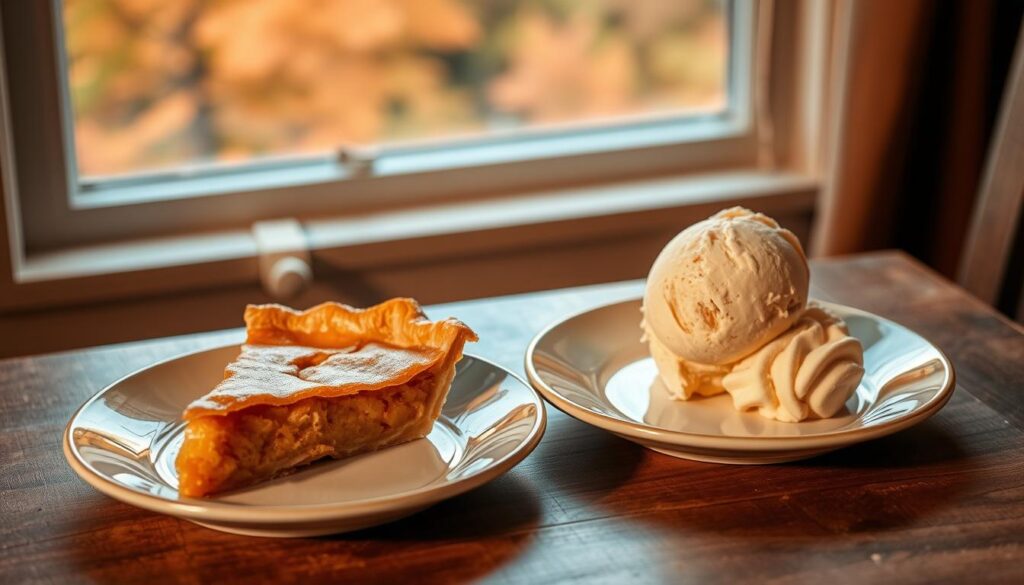 A cozy autumn scene, a wooden table set with two plates - one containing a slice of warm, golden-brown pie, the other a scoop of creamy, seasonal ice cream. The pie's crust glistens, steam rising from the filling. The ice cream, a rich autumnal flavor like pumpkin or cinnamon, sits atop the plate, its melt-inducing texture inviting a bite. Soft, diffused lighting casts a warm glow, creating an inviting ambiance. In the background, a window looks out onto a landscape of autumn foliage, hues of orange, red, and yellow. The overall mood is one of comfort, harvest, and the perfect pairing of two classic autumn desserts.