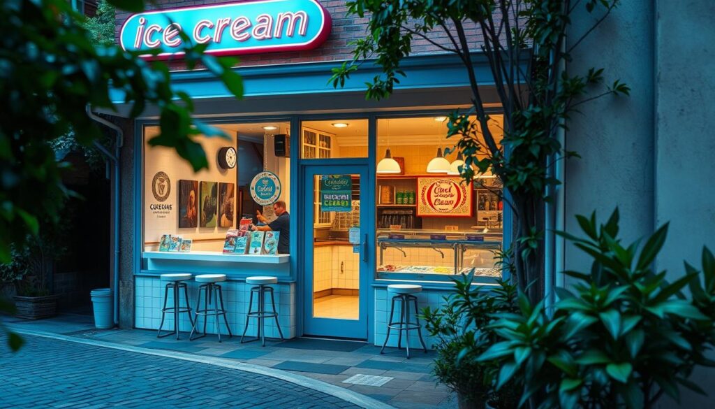 A cozy ice cream shop with a vintage charm, its classic storefront adorned with a neon sign that beckons passersby. Through the large windows, glimpse the inviting interior - gleaming white tiles, retro stools at the counter, and an array of colorful flavors displayed in metal tubs. Soft lighting casts a warm glow, while the aroma of freshly churned ice cream wafts out, enticing the senses. In the foreground, a quaint alley leads to the shop, its cobblestone path framed by lush greenery and charming architecture. The overall scene conveys a sense of timeless delight, capturing the essence of a beloved neighborhood ice cream parlor.
