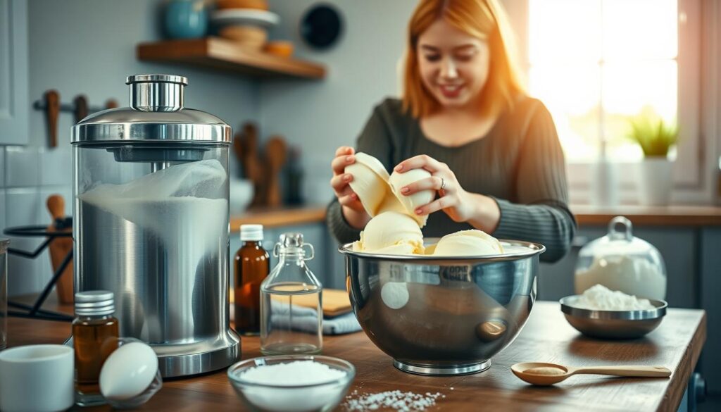 A cozy kitchen scene with a central focus on the process of making homemade ice cream. In the foreground, a stainless steel ice cream maker is churning a rich, creamy mixture. Surrounding it are various ingredients like fresh cream, vanilla extract, and sugar, neatly arranged on a wooden countertop. In the middle ground, a person's hands are gently folding freshly churned ice cream into a chilled metal bowl, their expression one of concentration and delight. The background features simple yet elegant decor, with a bright window letting in natural light and casting a warm glow over the scene. The overall mood is one of warmth, comfort, and the joy of creating a homemade treat.