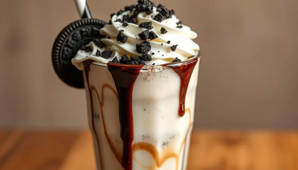 A creamy and dreamy cookies and cream milkshake, swirling with rich vanilla ice cream, crushed Oreo cookies, and a generous drizzle of chocolate syrup. The milkshake is served in a tall, frosty glass, garnished with a dollop of whipped cream and a dusting of crumbled Oreo cookies. The lighting is soft and warm, casting a cozy, indulgent atmosphere. The camera angle is slightly elevated, highlighting the luxurious texture and layered flavors of this decadent treat.