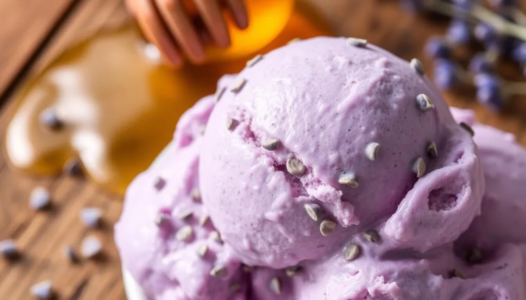 A creamy scoop of no-churn lavender ice cream, its vibrant purple hue accented by delicate lavender buds scattered throughout. The ice cream's smooth, glossy surface reflects the warm, natural lighting, casting a soft, inviting glow. In the background, a wooden table sets the rustic, homemade scene, complemented by a drizzle of golden honey and a sprig of fresh lavender, hinting at the fragrant, floral flavors within. The overall composition evokes a sense of simplicity, care, and a touch of elegant sophistication, perfectly aligning with the "No-Churn Method: Make Ice Cream Without a Machine" section of the article.