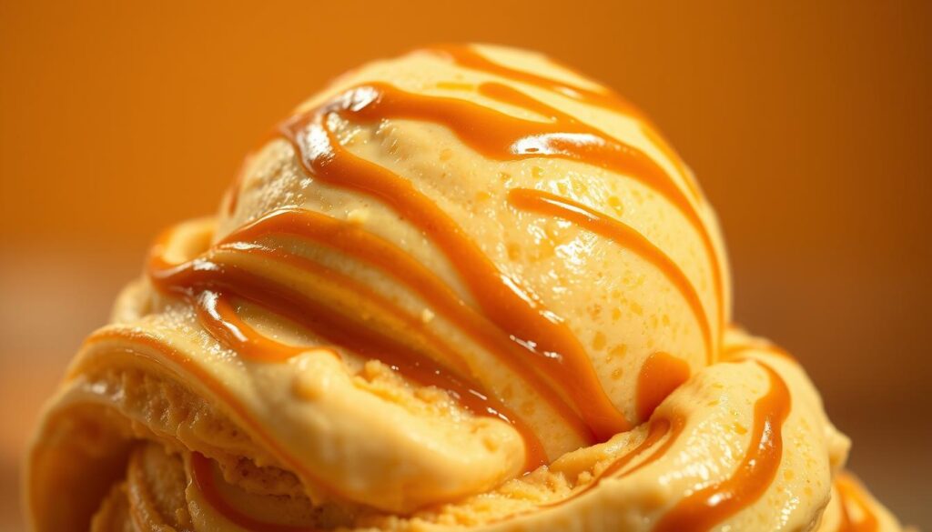 A decadent scoop of caramel-swirled ice cream, glistening under warm lighting. The creamy, golden-hued base is studded with luscious caramel ribbons, creating a mesmerizing, layered texture. Smooth and silky, with a rich, indulgent mouthfeel. Delicate highlights dance across the surface, enhanced by a soft, directional light source, casting gentle shadows that accentuate the luxurious curves and contours. The overall scene exudes a sense of sophisticated, artisanal craftsmanship, inviting the viewer to savor the deep, complex flavors of this sumptuous, caramel-based turtle ice cream.