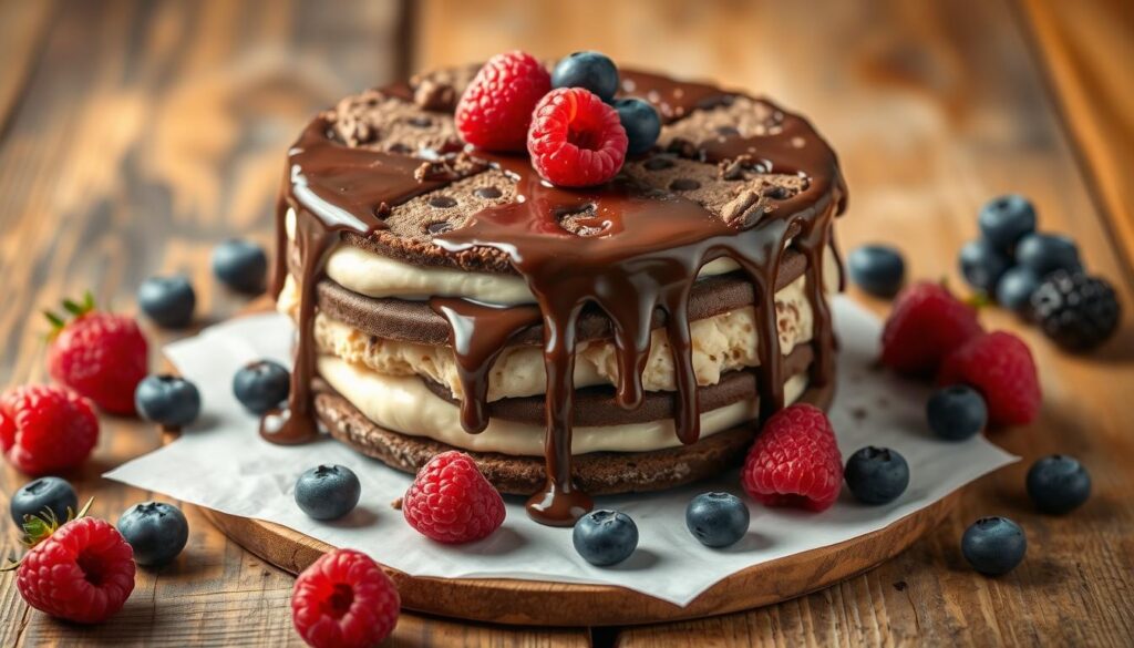 A delectable ice cream sandwich cake, the quintessential summertime treat, sits center stage on a rustic wooden surface. The fluffy layers of chocolate cookie wafers, sandwiched between decadent vanilla and chocolate ice cream, glisten under warm, softly diffused lighting. The cake's edges are gently melting, adding an irresistible dripping effect. Vibrant fresh berries, such as juicy raspberries and blueberries, are scattered around the cake, complementing its rich flavors. The overall scene evokes a sense of indulgence and joy, enticing the viewer to dive into this delightful homemade creation.