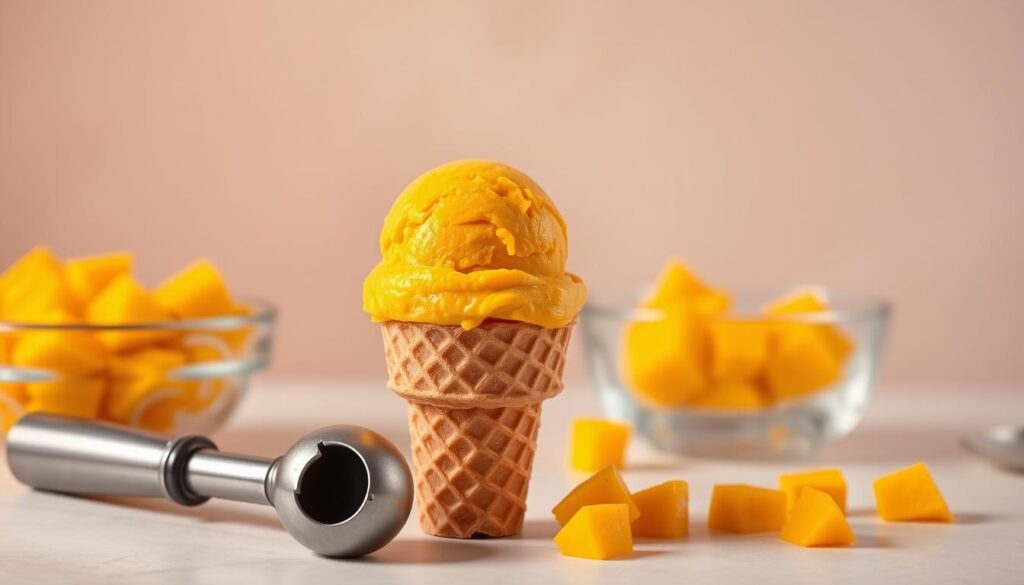 A delectable mango ice cream scoop sits atop a waffle cone, its vibrant orange hue gleaming under warm, soft lighting. Nearby, a stainless steel ice cream scooper and a glass dish of freshly diced mango pieces create a captivating still life. The background is a clean, minimalist backdrop, allowing the ice cream and its accompaniments to take center stage. The composition is balanced, with the ice cream positioned slightly off-center, drawing the viewer's eye to the star of the scene. The overall mood is one of appetizing delight, inviting the viewer to imagine the cool, creamy texture and sweet, tropical flavor of the homemade mango ice cream.