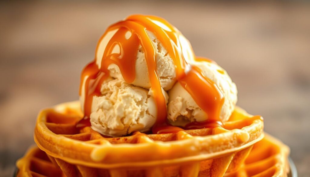 A delectable scoop of caramel ice cream sits atop a crisp waffle bowl, drizzled with a rich, golden caramel sauce. The creamy texture of the ice cream is highlighted by the contrast of the crunchy waffle, creating a harmonious balance of flavors and textures. Warm lighting casts a soft, inviting glow, drawing the viewer's attention to the decadent dessert. The scene is captured from a slightly elevated angle, showcasing the intricate details and inviting the viewer to imagine the satisfying mouthfeel and indulgent taste. The overall mood evokes a sense of cozy comfort and indulgence, perfectly complementing the "Savor the Flavor of Turtle Ice Cream" theme and the "Pro tips, nutrition-minded notes, and serving ideas" section.
