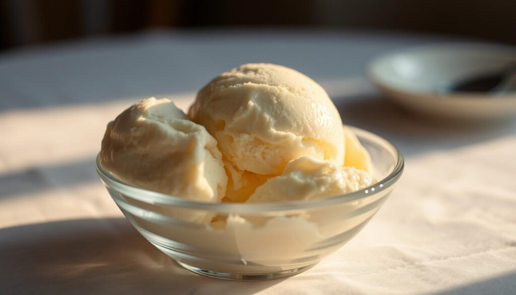 A delectable scoop of creamy vanilla ice cream glistening under soft, warm lighting. The surface is smooth and inviting, with a hint of vanilla bean specks visible. The ice cream is scooped into a classic glass dish, casting a gentle shadow on the pristine white tablecloth below. The scene exudes a cozy, indulgent atmosphere, perfect for savoring the simple pleasure of a classic vanilla dessert. A shallow depth of field keeps the focus on the ice cream, while the background is subtly blurred, creating a sense of depth and atmosphere. Overall, the image conveys the comforting and satisfying experience of enjoying a timeless vanilla treat.