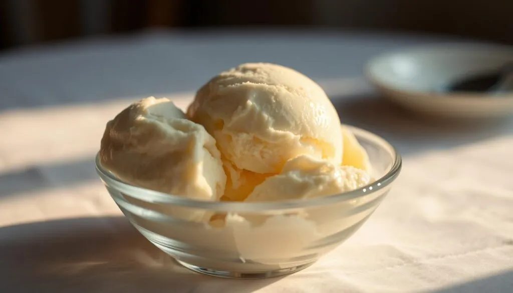 A delectable scoop of creamy vanilla ice cream glistening under soft, warm lighting. The surface is smooth and inviting, with a hint of vanilla bean specks visible. The ice cream is scooped into a classic glass dish, casting a gentle shadow on the pristine white tablecloth below. The scene exudes a cozy, indulgent atmosphere, perfect for savoring the simple pleasure of a classic vanilla dessert. A shallow depth of field keeps the focus on the ice cream, while the background is subtly blurred, creating a sense of depth and atmosphere. Overall, the image conveys the comforting and satisfying experience of enjoying a timeless vanilla treat. A delectable scoop of creamy vanilla ice cream glistening under soft, warm lighting. The surface is smooth and inviting, with a hint of vanilla bean specks visible. The ice cream is scooped into a classic glass dish, casting a gentle shadow on the pristine white tablecloth below. The scene exudes a cozy, indulgent atmosphere, perfect for savoring the simple pleasure of a classic vanilla dessert. A shallow depth of field keeps the focus on the ice cream, while the background is subtly blurred, creating a sense of depth and atmosphere. Overall, the image conveys the comforting and satisfying experience of enjoying a timeless vanilla treat.