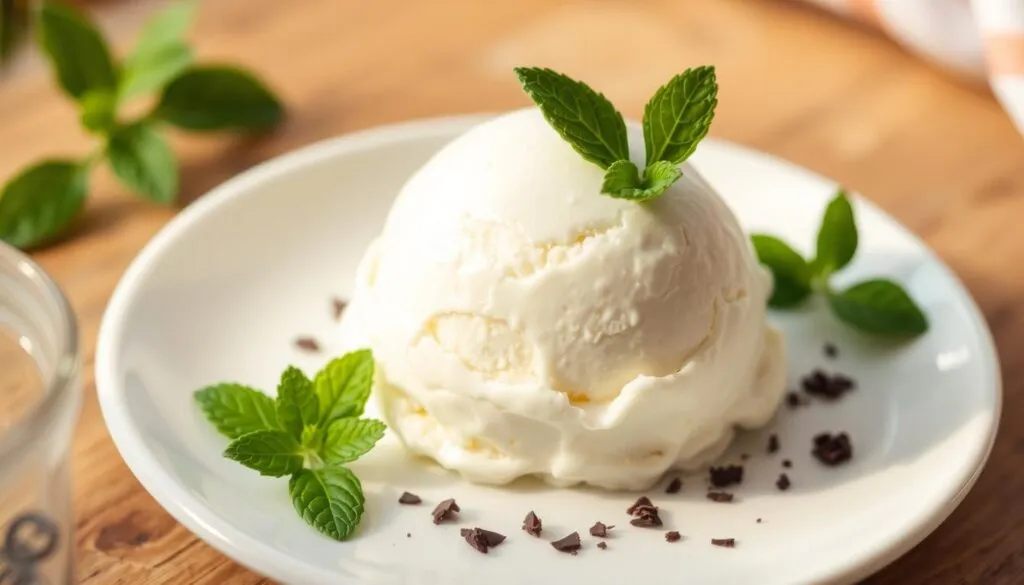 A delectable scoop of no-churn ice cream, its smooth and creamy texture glistening under soft, natural lighting. The frozen treat rests on a simple white ceramic plate, hinting at a minimalist, time-saving presentation. Surrounding it, a few sprigs of fresh mint and a sprinkle of shaved dark chocolate add a touch of elegance. The overall scene radiates a sense of effortless indulgence, perfect for a busy schedule yet still capturing the essence of an artisanal dessert. The image conveys a mood of relaxation and accessibility, inviting the viewer to savor the flavor of this smart, homemade alternative. A delectable scoop of no-churn ice cream, its smooth and creamy texture glistening under soft, natural lighting. The frozen treat rests on a simple white ceramic plate, hinting at a minimalist, time-saving presentation. Surrounding it, a few sprigs of fresh mint and a sprinkle of shaved dark chocolate add a touch of elegance. The overall scene radiates a sense of effortless indulgence, perfect for a busy schedule yet still capturing the essence of an artisanal dessert. The image conveys a mood of relaxation and accessibility, inviting the viewer to savor the flavor of this smart, homemade alternative.
