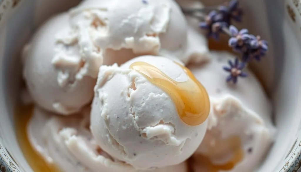 A delicate lavender-infused ice cream, its surface glistening with a light sheen, rests in a shallow bowl. Soft, creamy texture with a subtle floral aroma fills the frame, captured under gentle, diffused lighting that casts a warm, inviting glow. Scoops of this artisanal treat are accompanied by a drizzle of golden honey, adding a sweet contrast to the fragrant lavender notes. The composition emphasizes the luxurious, homemade quality of this refreshing dessert, perfect for savoring on a warm day. A visually enticing representation of the joys of homemade lavender ice cream.
