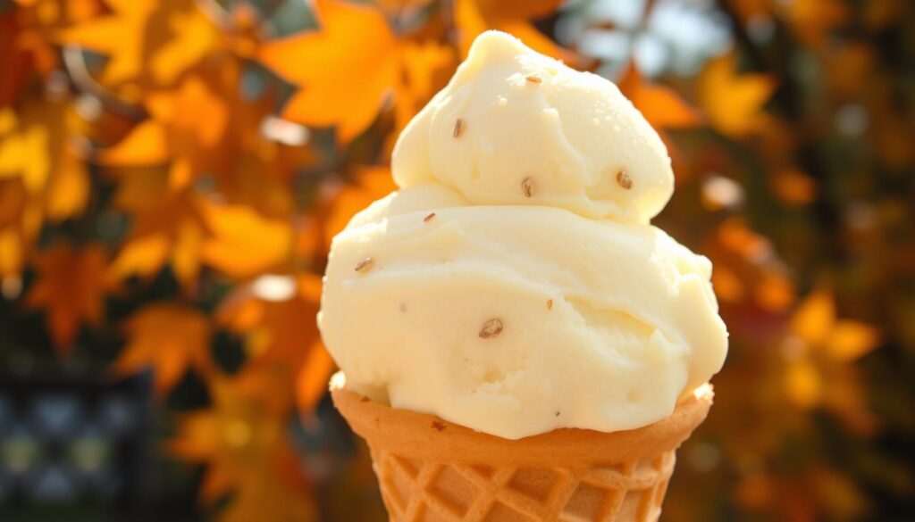 A delicate scoop of white pepper ice cream, its surface glistening under the warm autumn sun. The creamy texture is punctuated by the subtle heat of white pepper, creating a surprising balance of sweetness and spice. The frozen treat rests atop a waffle cone, its golden-brown hue complementing the pale ivory of the ice cream. In the background, a vibrant array of autumn leaves flutter gently in the cool breeze, setting the stage for this unique and intriguing seasonal delight.