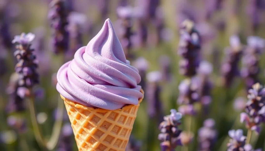 A delicately scented lavender ice cream, with a silky smooth texture and a vibrant purple hue, sits atop a crisp waffle cone. The ice cream glistens under a warm, golden light, casting gentle shadows across the conical shape. In the background, a soft, blurred field of lavender flowers sways gently in a light breeze, their delicate petals evoking a sense of tranquility and natural beauty. The overall scene conveys a refreshing, artisanal quality, inviting the viewer to indulge in this homemade, honey-infused treat.