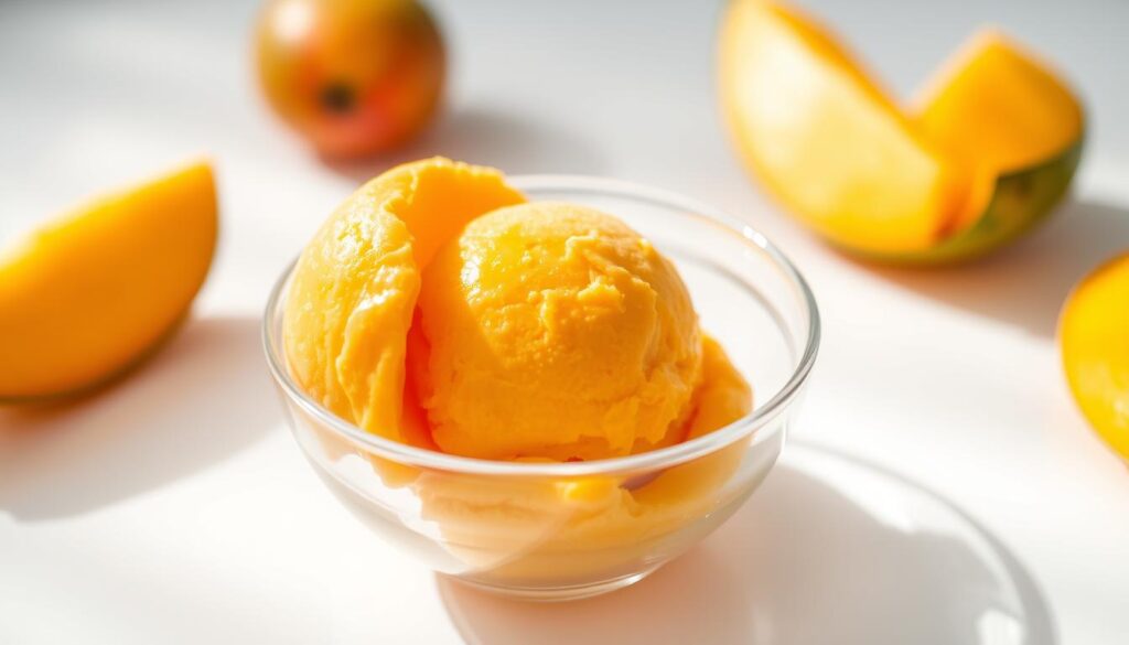 A delightful scoop of mango ice cream nestled in a glass bowl, its vibrant orange hue glistening under soft, diffused lighting. The creamy texture is enhanced by the gentle shadows that define its contours, creating a sense of depth and dimension. Surrounding the bowl, a pristine white background emphasizes the dessert's centerpiece status, drawing the viewer's eye to the frozen delight. The image evokes a refreshing, summery atmosphere, perfectly capturing the essence of the "Storage, make-ahead, and the right containers" section of the article on homemade mango ice cream.