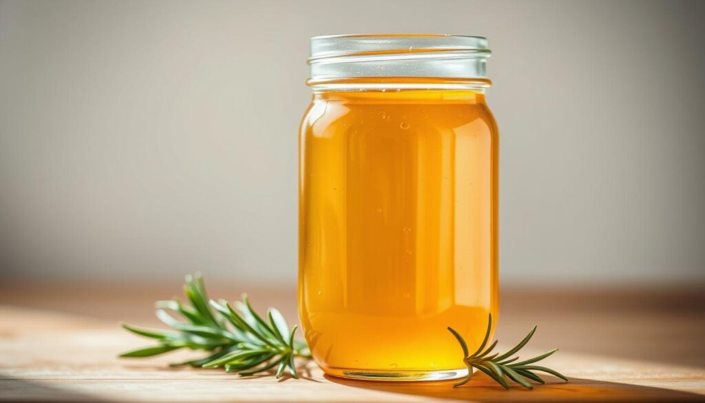A glass jar filled with a clear, golden-hued liquid, resting on a wooden surface. The liquid gently sways as the jar is tilted, revealing its viscous, syrupy consistency. The jar is backlit, creating a warm, inviting glow that highlights the natural color of the syrup. The background is slightly blurred, keeping the focus on the jar and its contents. The lighting is soft and diffused, creating a calming, domestic atmosphere. A sprig of fresh rosemary is placed beside the jar, hinting at the flavor profile of the syrup. The overall composition conveys a sense of simplicity, homemade preparation, and the idea of a make-ahead, versatile ingredient.