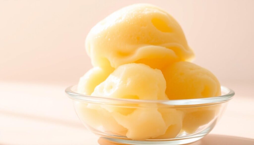 A glass storage container filled with vibrant, swirling layers of creamy pineapple sorbet, set against a bright, airy backdrop. Soft, warm lighting casts a gentle glow, highlighting the sorbet's delicate texture and rich, golden hue. The container's sleek, minimalist design allows the sorbet's natural beauty to shine. A sense of refreshing simplicity and summer charm permeates the scene, inviting the viewer to imagine the delightful taste and cooling sensation of this frozen treat.