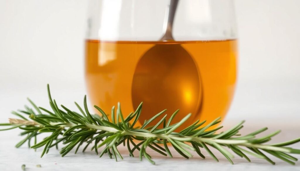 A glass vessel filled with a clear, amber-colored liquid, capturing the essence of a homemade rosemary simple syrup. The syrup glistens under soft, diffused lighting, casting a warm, inviting glow. In the foreground, several sprigs of fresh rosemary, their vibrant green leaves contrasting beautifully with the liquid. The middle ground features a metal spoon, partially submerged, hinting at the process of stirring and blending the syrup. The background is a clean, minimalist setting, allowing the syrup and its ingredients to take center stage. The overall atmosphere is one of simplicity, purity, and the celebration of homemade, artisanal delights.