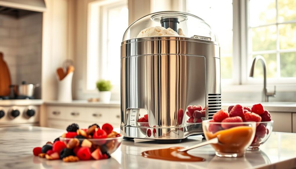 A gleaming, stainless steel ice cream maker sits on a marble countertop, its chrome accents catching the warm, soft light from nearby windows. The machine's sleek design and intuitive controls suggest a professional-grade appliance, ready to churn out silky-smooth, richly flavored ice cream. In the foreground, a collection of fresh, seasonal ingredients - ripe berries, chopped nuts, and a swirl of caramel sauce - hint at the decadent possibilities for customizing the frozen treat. The overall scene evokes a sense of effortless culinary mastery, perfect for a home kitchen dedicated to crafting the ultimate in sweet, creamy indulgence.