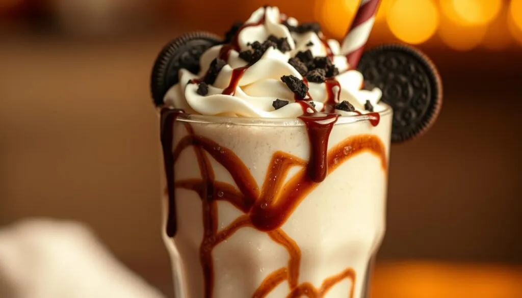 A luscious, creamy milkshake with swirls of chocolate and crushed Oreo cookies, topped with a dollop of whipped cream and a drizzle of chocolate syrup. The glass is frosty, condensation beading on the sides, set against a soft, out-of-focus background, bathed in warm, golden lighting to evoke a cozy, indulgent atmosphere. The composition is centered, capturing the milkshake from a slightly low angle to emphasize its rich, decadent nature. The overall mood is one of temptation and delight, perfectly capturing the essence of a homemade cookies and cream milkshake.