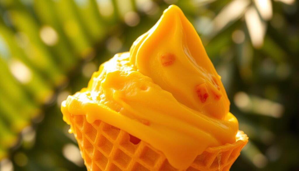 A luscious scoop of mango ice cream, its golden hue shimmering under warm, soft lighting. The creamy texture glistens, inviting a tantalizing bite. Vibrant mango puree swirls through the frozen delight, punctuated by flecks of real fruit. The ice cream rests atop a crisp, golden waffle cone, the waffle pattern casting gentle shadows. In the background, a blurred array of tropical foliage hints at the fruit's origins, creating a sense of lush, summery atmosphere. The overall scene exudes a welcoming, indulgent mood, perfectly capturing the essence of a homemade mango ice cream treat.
