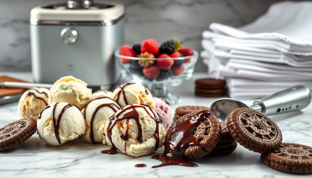A neatly arranged still life capturing the key ingredients for a homemade ice cream sandwich cake. In the foreground, an array of colorful ice cream scoops, chocolate wafer cookies, and a drizzle of rich chocolate sauce. In the middle ground, a glass bowl filled with fresh berries and a metal ice cream scoop. The background features a marble countertop with a vintage-style ice cream maker and a stack of pristine white linen napkins. Soft, natural lighting illuminates the scene, creating a cozy, inviting atmosphere. The image conveys a sense of simple, homemade indulgence, perfect for an easy, crowd-pleasing dessert.