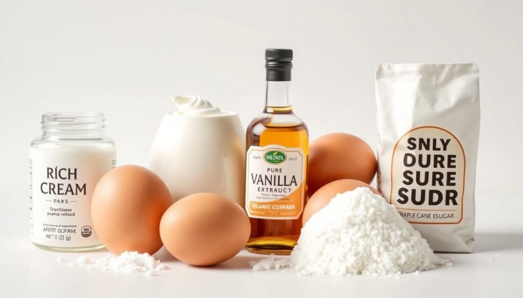 A neatly arranged still life of the essential ingredients for a luscious ice cream base - rich cream, plump eggs, smooth vanilla extract, and pure cane sugar. The ingredients are set against a clean, bright background, illuminated by soft, natural lighting that accentuates their creamy textures and inviting colors. The composition is balanced and visually appealing, drawing the viewer's attention to the high-quality, wholesome components that will come together to create a decadent, summer-ready treat. The overall mood is one of culinary anticipation and kitchen inspiration.