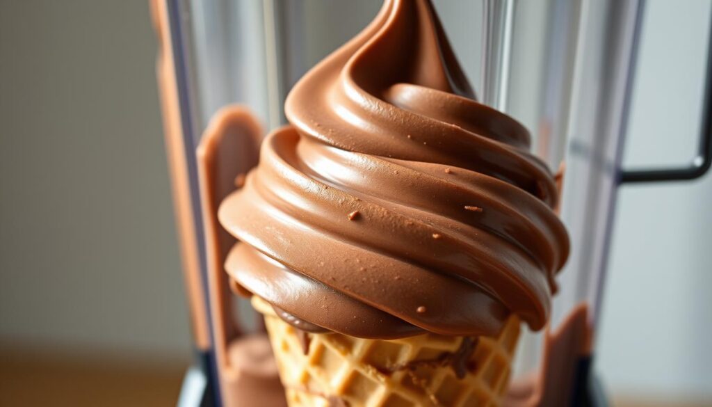 A rich, creamy chocolate soft serve ice cream, swirled to perfection in a vintage Vitamix blender. Smooth and glossy texture, with a deep, intense cocoa aroma. Dollops of the luscious treat piled high in a classic waffle cone, casting warm shadows under a soft, directional light. Glimpses of the Vitamix's stainless steel canister and sleek base peeking through, hinting at the effortless blending power that created this decadent delight. The overall mood is one of nostalgia and indulgence, evoking childhood summers and family gatherings around the table.