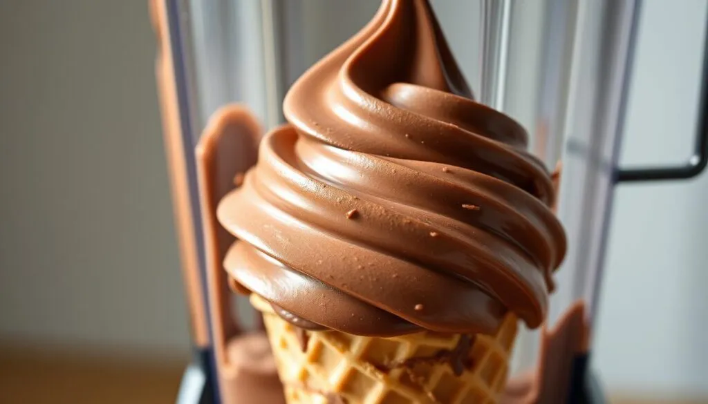 A rich, creamy chocolate soft serve ice cream, swirled to perfection in a vintage Vitamix blender. Smooth and glossy texture, with a deep, intense cocoa aroma. Dollops of the luscious treat piled high in a classic waffle cone, casting warm shadows under a soft, directional light. Glimpses of the Vitamix's stainless steel canister and sleek base peeking through, hinting at the effortless blending power that created this decadent delight. The overall mood is one of nostalgia and indulgence, evoking childhood summers and family gatherings around the table.