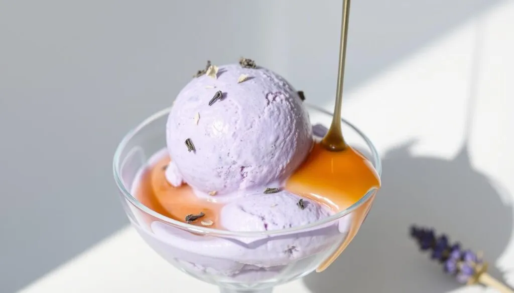 A scoop of lavender-infused ice cream sits atop a glass bowl, its vibrant purple hue glistening under soft, natural lighting. Tiny flecks of dried lavender buds dot the creamy surface, adding a subtle floral accent. The ice cream is accompanied by a drizzle of golden honey, its viscous sweetness complementing the gentle lavender flavor. The scene is framed by a minimalist, white background, allowing the ice cream to take center stage and showcase its refreshing, sophisticated allure.
