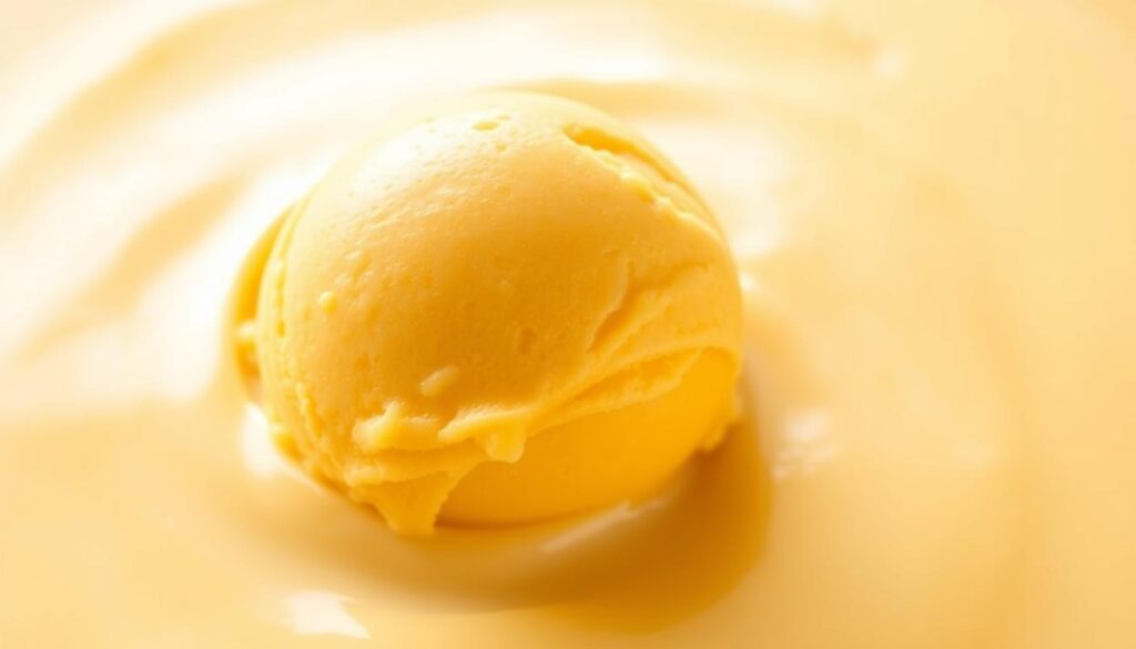 A scoop of luscious, golden-hued mango ice cream sits atop a smooth, creamy backdrop, its surface shimmering with a soft, diffused light. The ice cream's silky, scoopable texture is evident, with a subtle sheen that beckons the viewer to take a taste. Nestled in the center of the frame, the ice cream is the focal point, surrounded by a clean, minimalist setting that allows the treat to shine. Delicate shadows and highlights accentuate the ice cream's luscious curves, creating a sense of depth and dimension. The overall mood is one of indulgence and sophistication, inviting the viewer to savor the flavors of this homemade delight.