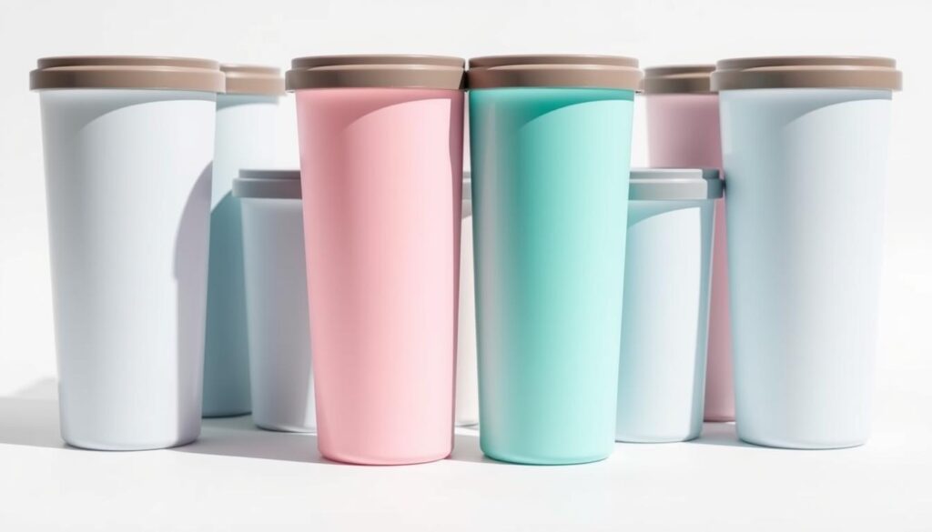 A set of sleek, frost-free StarPack quart containers, arranged in a visually striking display against a bright, clean background. The containers feature a minimalist, modern design with a matte-finish, glossy-accented lid and a subtle StarPack logo. Soft, directional lighting accentuates the smooth, cylindrical forms and highlights the vibrant, pastel-inspired colors of the containers. The overall composition has a crisp, premium aesthetic that conveys the high-quality, functional nature of the product, in line with the "easy-store, frost-free design from a trusted brand" section title.