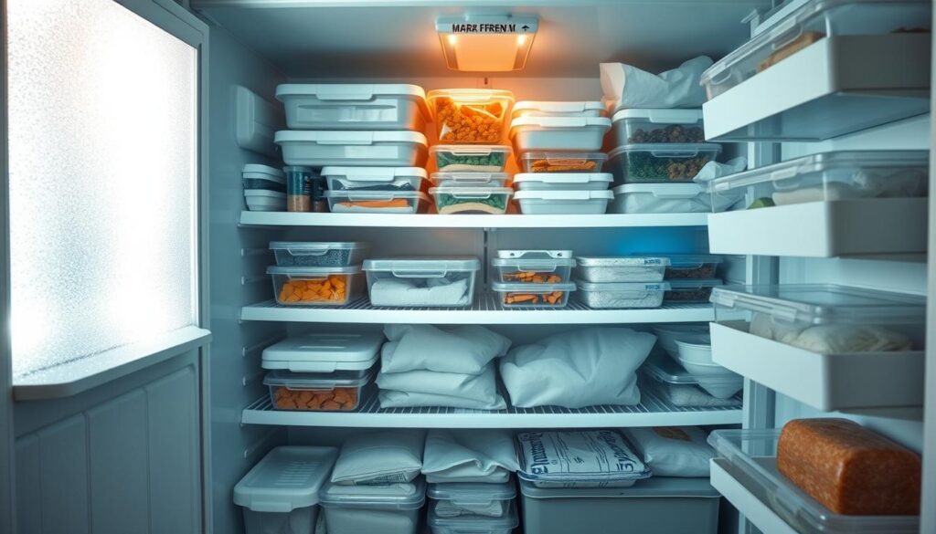 A spacious freezer unit filled with various freezer storage containers, trays, and bags. The shelves are meticulously organized, showcasing a range of frozen foods and ingredients. Soft, indirect lighting illuminates the interior, casting a warm glow on the frosted surfaces. The door is slightly ajar, revealing the chilly, condensation-laden atmosphere within. The overall scene conveys a sense of efficient food preservation and preparation, perfectly suited for storing homemade cantaloupe ice cream or other frozen delights.