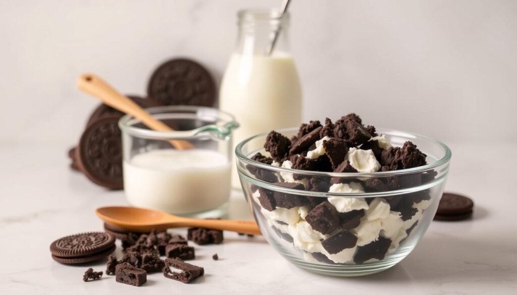 A still life arrangement of classic cookie and cream ingredients, set against a clean, neutral background. In the foreground, a glass bowl filled with crumbled Oreo cookies, their dark chocolate exterior contrasting with the creamy white center. Surrounding the bowl, an array of ingredients including a glass bottle of fresh cream, a small pitcher of milk, and a spoon for stirring. In the middle ground, a glass measuring cup filled with sugar and a wooden spoon for mixing. The lighting is soft and diffused, casting gentle shadows and highlighting the textures of the various elements. The overall mood is one of culinary simplicity and indulgence, inviting the viewer to imagine the delicious milkshake to come.