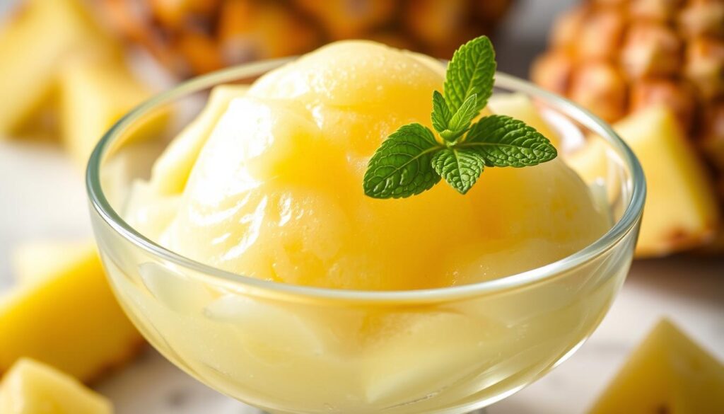 A vibrant and appetizing pineapple sorbet, served in a chilled glass bowl, glistening with an inviting sheen. The sorbet's creamy, pale yellow hue is complemented by a scattering of fresh pineapple chunks and a sprig of mint, adding a refreshing pop of color. Soft, diffused lighting illuminates the dessert, casting gentle shadows and highlighting its smooth, velvety texture. The overall scene exudes a sense of summer freshness and indulgence, making it the perfect visual accompaniment to a simple yet delectable pineapple sorbet recipe.