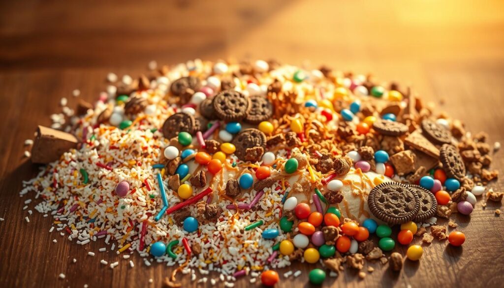 A vibrant assortment of ice cream toppings arranged artfully on a wooden table, bathed in warm, golden light. An array of sprinkles, chocolate shavings, crushed cookies, caramel drizzle, and colorful candies spilling across the surface, inviting the viewer to imagine the delightful flavors and textures. The toppings are positioned in a visually appealing, asymmetric layout, creating a sense of playful abundance. The background is softly blurred, allowing the toppings to take center stage and capture the eye. The overall mood is one of temptation and anticipation, perfectly suited to showcase the endless possibilities for customizing a homemade ice cream sandwich cake.