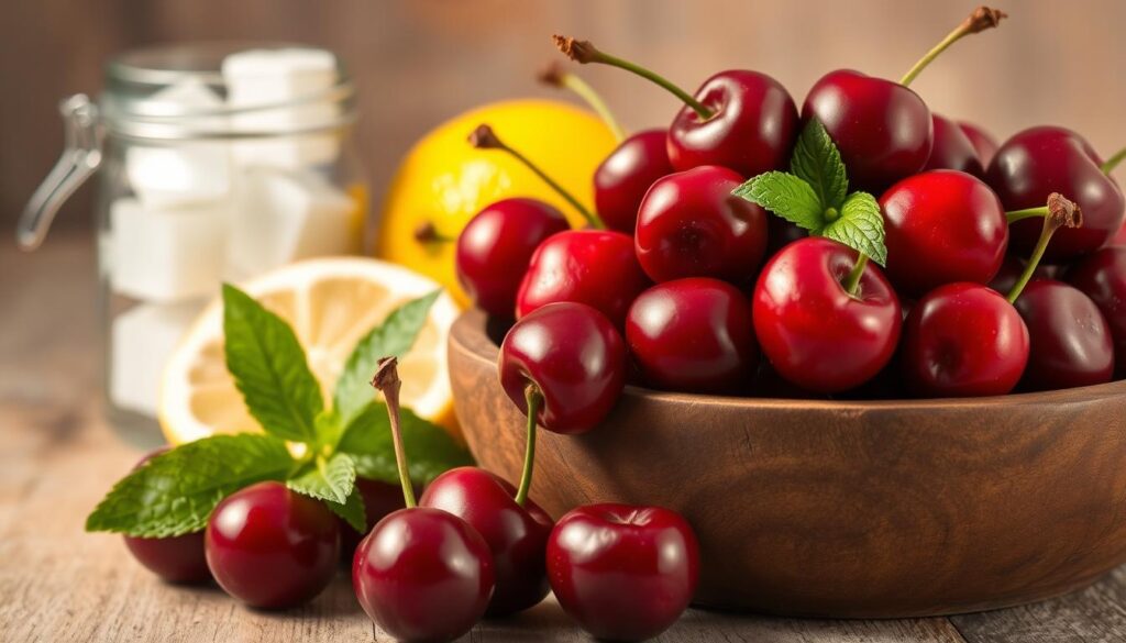 A vibrant still life arrangement showcasing the essential ingredients for a delectable cherry simple syrup. In the foreground, a collection of ripe, juicy cherries in a rustic wooden bowl, their deep red hues glistening under warm, diffused lighting. In the middle ground, a cut lemon and a sprig of fresh mint, their contrasting colors and textures adding depth and visual interest. In the background, a glass jar filled with crystalline sugar cubes, casting a soft, ambient glow. The overall composition is captured with a shallow depth of field, emphasizing the tactile, sensory qualities of the ingredients and evoking a cozy, homemade atmosphere.