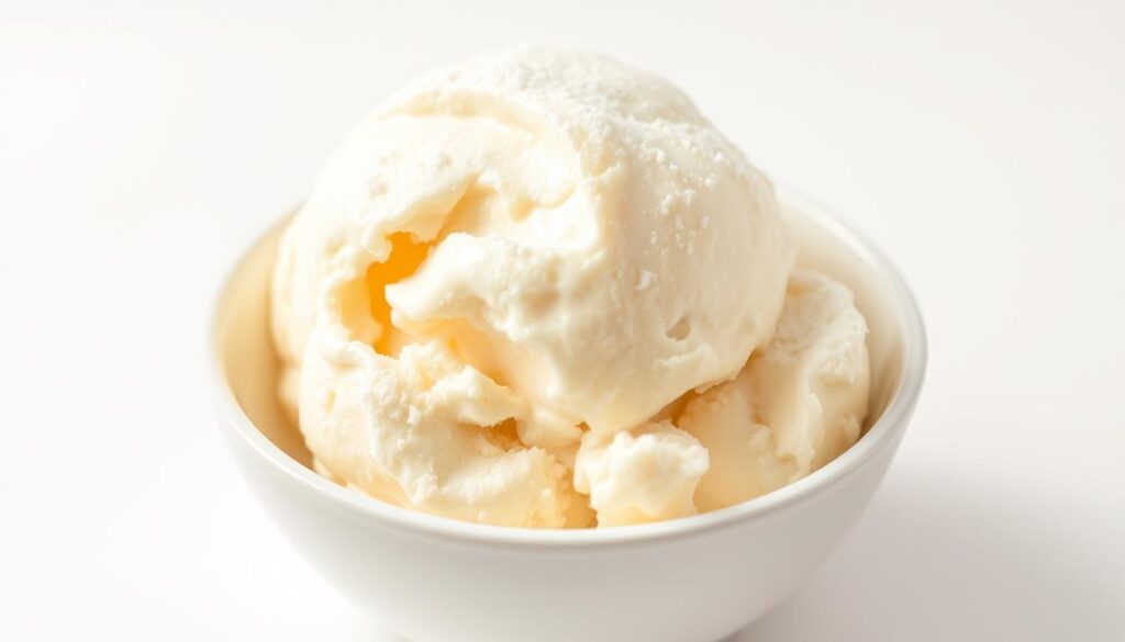 Creamy, dreamy scoop of homemade vanilla ice cream, glistening with a glossy sheen. Smooth, velvety texture fills the frame, inviting a spoonful. Soft, billowy peaks crowned with a dusting of powdered sugar. Crisp white porcelain bowl cradling the delectable treat, set against a plain white background to highlight the ice cream's pure, indulgent nature. Warm, diffused lighting caresses the surface, casting gentle shadows that accentuate the luscious curves. A timeless, classic composition that captures the essence of simple, decadent pleasure.