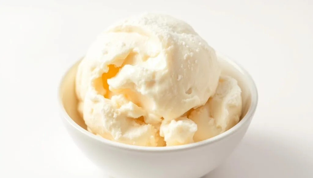 Creamy, dreamy scoop of homemade vanilla ice cream, glistening with a glossy sheen. Smooth, velvety texture fills the frame, inviting a spoonful. Soft, billowy peaks crowned with a dusting of powdered sugar. Crisp white porcelain bowl cradling the delectable treat, set against a plain white background to highlight the ice cream's pure, indulgent nature. Warm, diffused lighting caresses the surface, casting gentle shadows that accentuate the luscious curves. A timeless, classic composition that captures the essence of simple, decadent pleasure.