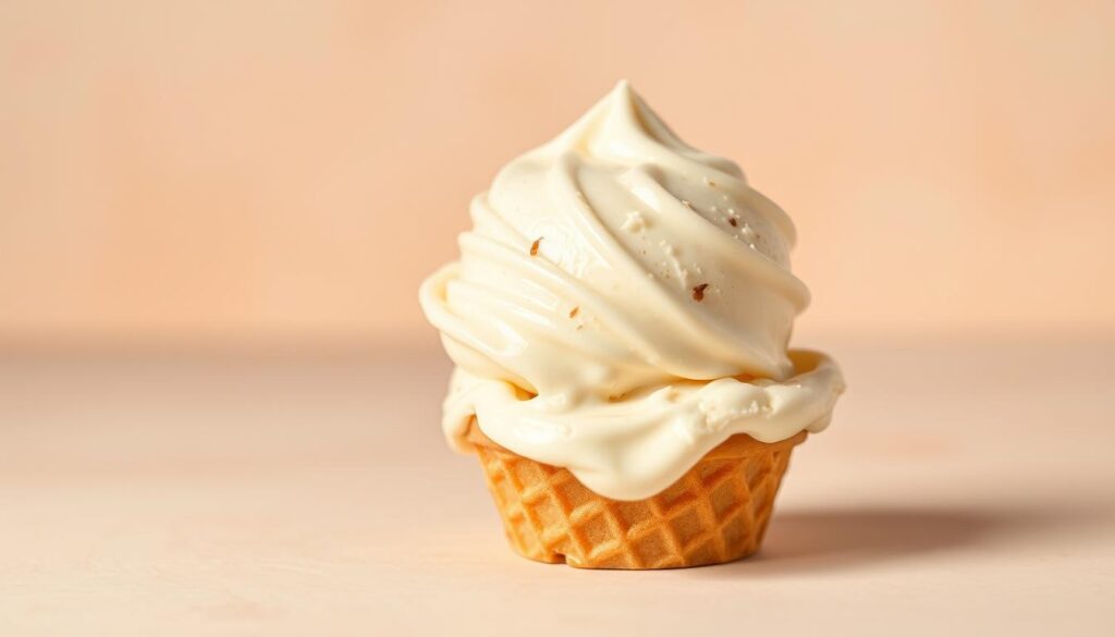 A smooth, fluffy mound of freshly whipped cream, glistening under soft, warm lighting. The creamy texture is accentuated by delicate highlights and shadows, creating a three-dimensional effect. The cream is piled high, inviting a spoon to dip in and capture its luscious, cloud-like consistency. The background is simple and uncluttered, allowing the whipped topping to be the star of the scene. The overall mood is indulgent and appetizing, perfectly suited to complement a homemade ice cream sandwich cake.