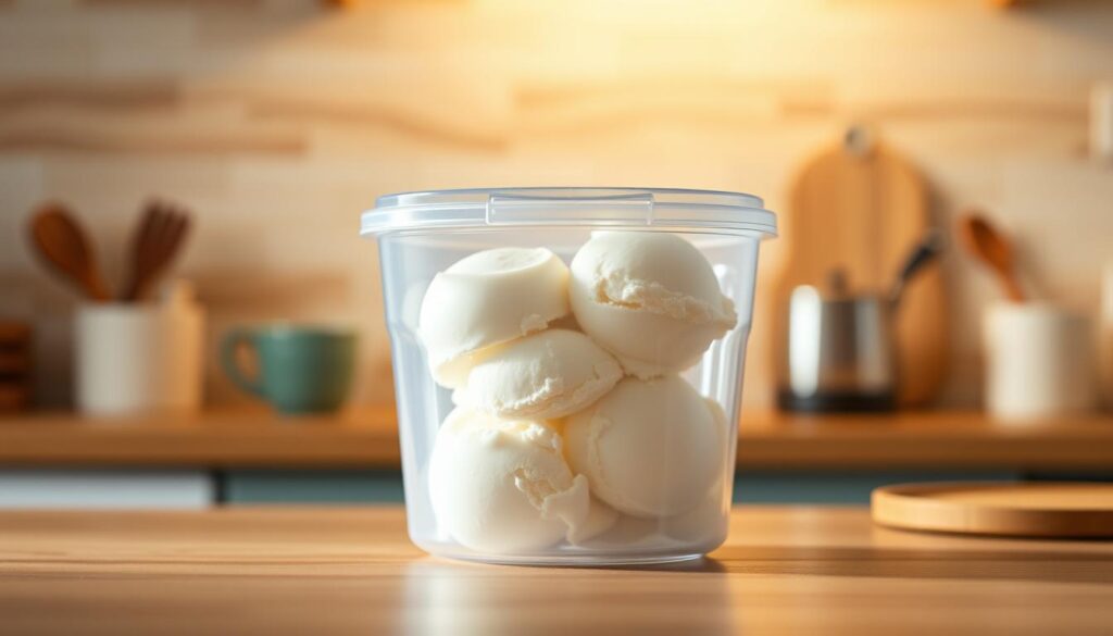 Glide-A-Scoop 2.5-quart ice cream storage container in a soft, warm-toned kitchen setting. The container is made of sturdy transparent plastic with a sleek, streamlined design and a smooth, gliding lid mechanism. Soft shadows and gentle highlights create a sense of depth and dimension, showcasing the container's simplistic yet functional form. The kitchen backdrop features natural wood tones, subtle tile textures, and a hint of vintage-inspired decor, establishing a cozy, homely atmosphere. Warm, diffused lighting casts a gentle glow, highlighting the container's contents and creating an inviting, appetizing visual. The scene conveys a sense of domestic ease and the joy of homemade ice cream enjoyment.