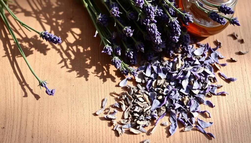 Lavender sprigs, buds, and dried petals arranged on a rustic wooden surface. Soft, diffused lighting casts warm shadows, highlighting the delicate textures and subtle hues of the lavender. The composition features a variety of lavender ingredients, including freshly harvested stems, loose dried flowers, and perhaps a small jar of honey or a few baking ingredients to suggest the use of lavender in culinary applications. The overall mood is calming, natural, and evocative of the soothing aromas and flavors associated with lavender.