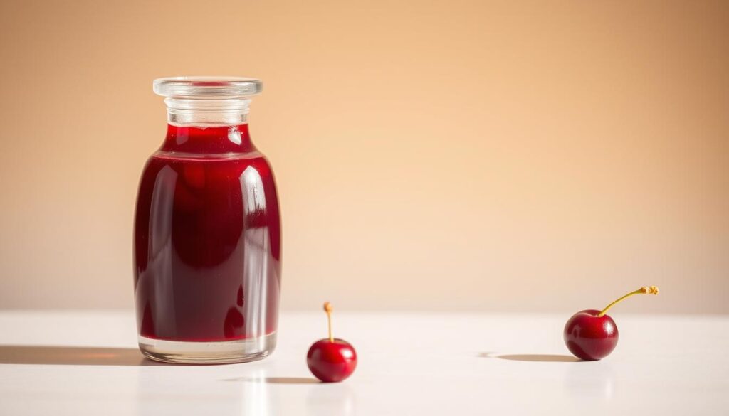 Vibrant red cherry simple syrup, glistening in a glass container with a sleek, minimalist design. The syrup has a rich, deep burgundy hue, with a viscous, syrupy texture. Elegant glass stopper casts a subtle reflection. Warm, natural lighting from above highlights the syrup's alluring shine and depth of color. Smooth, glossy surface with a hint of condensation, creating a sense of freshness and purity. Backdrop is a plain, light-colored surface, allowing the syrup to be the star of the composition. Crisp, high-resolution image with a shallow depth of field, focusing attention on the captivating essence of this versatile, flavorful ingredient.