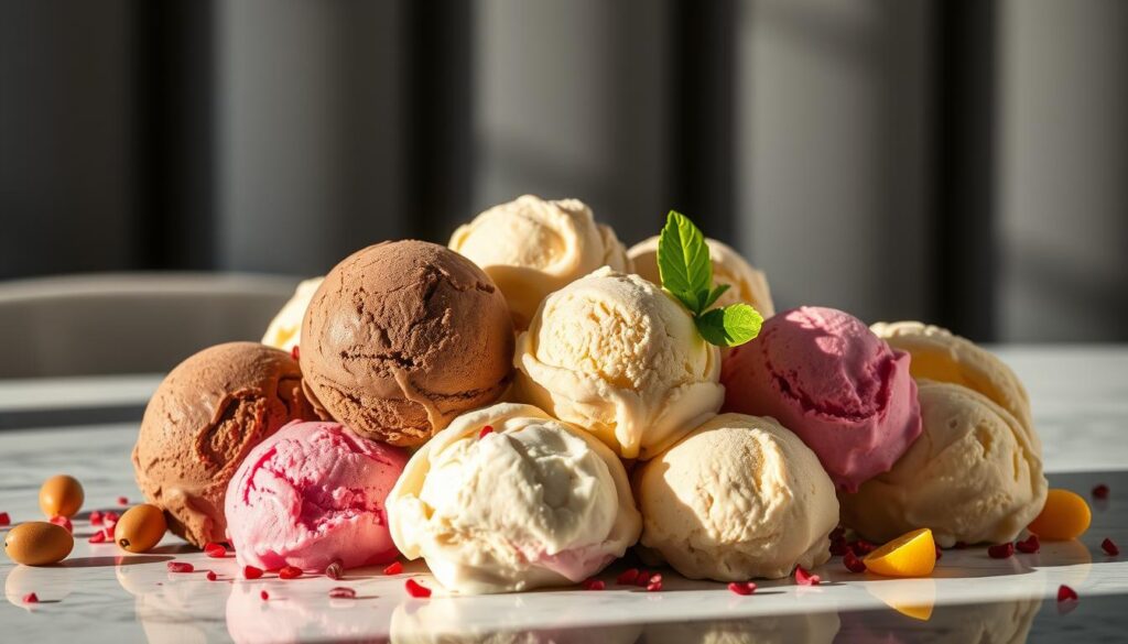 A vibrant assortment of ice cream scoops from around the world, captured in a whimsical, high-resolution composition. The foreground features a diverse arrangement of frozen treats, including colorful Italian gelato, creamy Japanese mochi, and rich, velvety Latin American helado. The middle ground showcases a variety of cones, cups, and dishes, each reflecting the unique cultural styles of their origin countries. In the background, a softly blurred world map provides a subtle nod to the international nature of this delectable scene, illuminated by warm, inviting lighting that enhances the mouthwatering texture and vibrant hues of the ice cream.