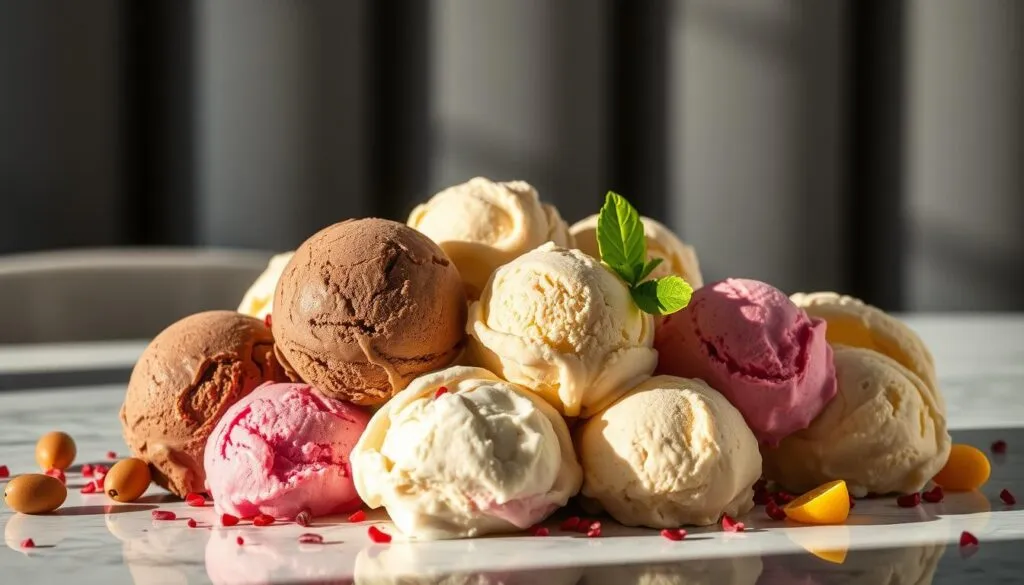 A vibrant assortment of ice cream scoops from around the world, captured in a whimsical, high-resolution composition. The foreground features a diverse arrangement of frozen treats, including colorful Italian gelato, creamy Japanese mochi, and rich, velvety Latin American helado. The middle ground showcases a variety of cones, cups, and dishes, each reflecting the unique cultural styles of their origin countries. In the background, a softly blurred world map provides a subtle nod to the international nature of this delectable scene, illuminated by warm, inviting lighting that enhances the mouthwatering texture and vibrant hues of the ice cream. A vibrant assortment of ice cream scoops from around the world, captured in a whimsical, high-resolution composition. The foreground features a diverse arrangement of frozen treats, including colorful Italian gelato, creamy Japanese mochi, and rich, velvety Latin American helado. The middle ground showcases a variety of cones, cups, and dishes, each reflecting the unique cultural styles of their origin countries. In the background, a softly blurred world map provides a subtle nod to the international nature of this delectable scene, illuminated by warm, inviting lighting that enhances the mouthwatering texture and vibrant hues of the ice cream.