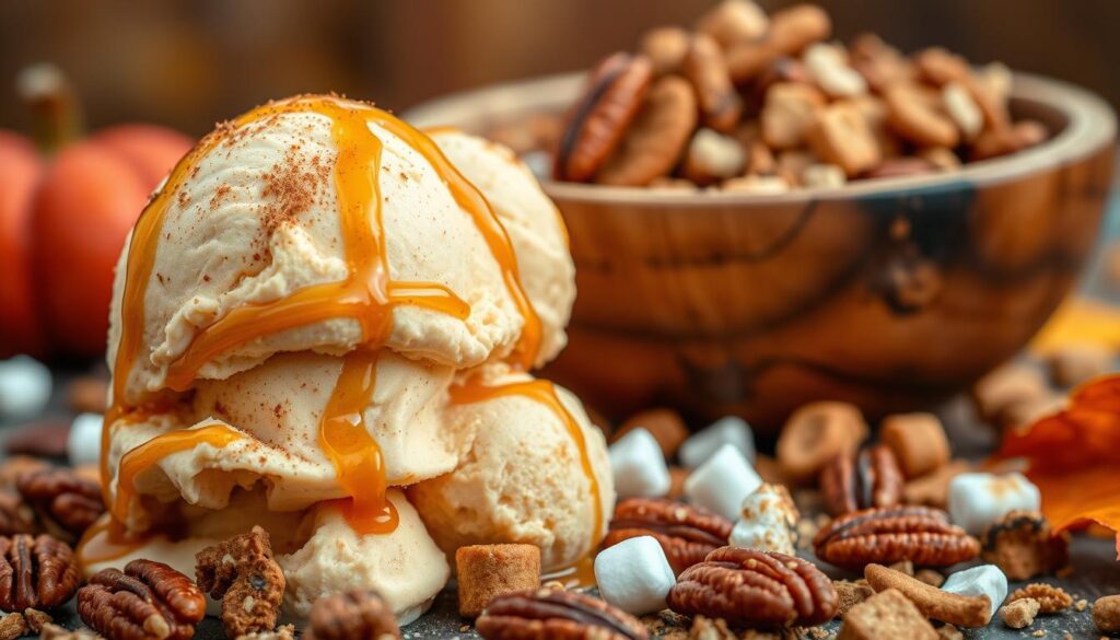 A close-up of a handful of freshly shelled pecans, their warm brown hues gleaming under the soft, diffused lighting. Drizzled over the nuts, a decadent pool of golden caramel sauce, its glossy surface reflecting the light and casting a glow. The texture of the pecans, their crunchy exterior giving way to a rich, buttery interior, is contrasted by the smooth, velvety caramel. The overall composition evokes a sense of indulgence and the flavors of a classic "turtle" dessert, where the nutty pecans are the perfect foil for the sweet, sticky caramel.