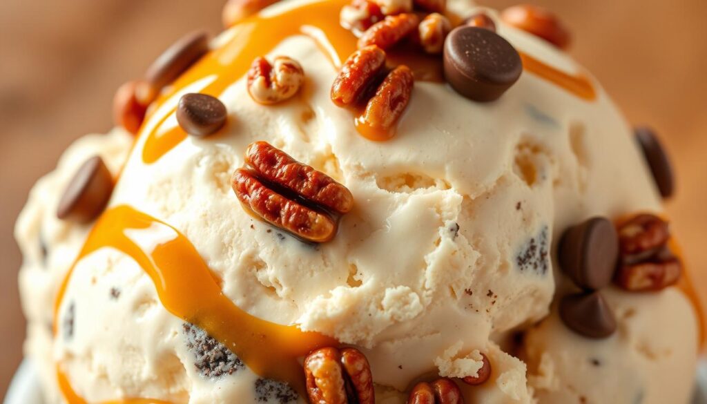 A delectable mix of crunchy nuts, chewy caramel ribbons, and flecks of chocolate, all suspended in a creamy, textured base. The light glances off the varied surfaces, creating a sensual, tactile composition. Shot from above, the image captures the layers of contrasting flavors and textures, inviting the viewer to indulge in this artful fusion of sweet and savory. The lighting is soft and diffused, highlighting the depth and complexity of this visually arresting ice cream mix-in.