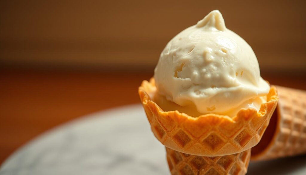 A creamy, soft-serve texture swirls into a smooth, whipped shape, its glossy surface reflecting the warm, golden light. The mix glistens with a delicate sheen, hinting at the rich, indulgent flavor that lies within. Delicate ribbons of vanilla bean and a faint, sugary sweetness dance across the palate, creating a heavenly, melt-in-your-mouth experience. Captured in a crisp, high-resolution close-up, the image invites the viewer to imagine the perfect homemade soft serve, with a luxurious, velvety consistency and an irresistible taste.