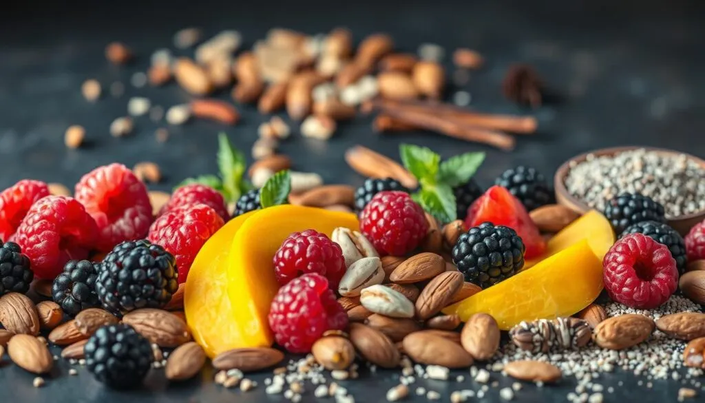 A beautifully arranged still life of vegan sorbet ingredients, shot with a macro lens in soft, warm lighting. In the foreground, a variety of fresh fruits like raspberries, blackberries, and mango slices, their vibrant colors and juicy textures inviting the viewer to indulge. In the middle ground, an assortment of nuts and seeds - almonds, pecans, and chia - adding crunch and nutrition. Behind them, a scattering of aromatic herbs and spices, like mint leaves and vanilla bean pods, hinting at the complex flavors to come. The composition is balanced and visually appealing, creating a sense of harmony and culinary inspiration.