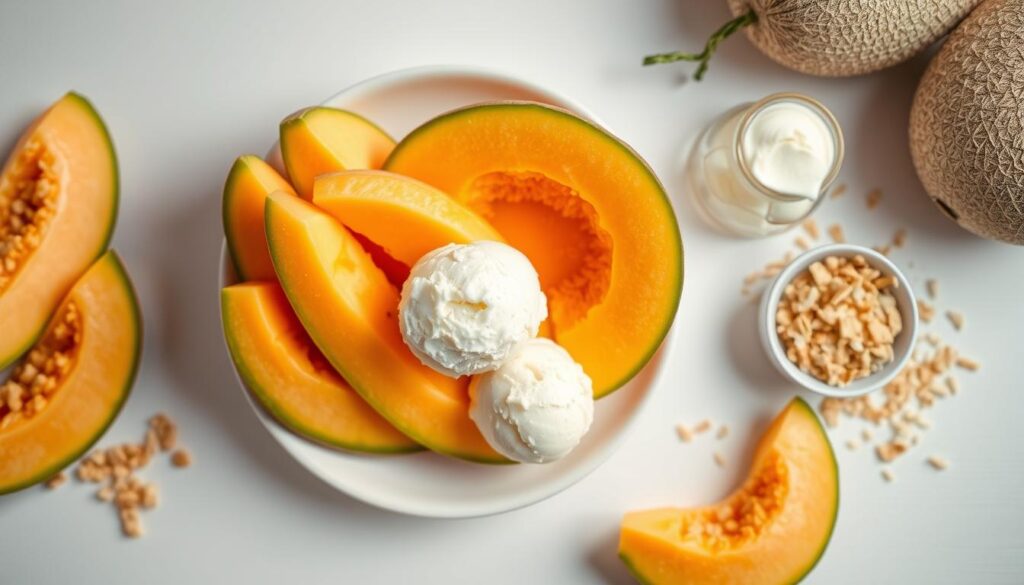 A bountiful display of freshly sliced cantaloupes, perfectly ripe and bursting with vibrant orange hues, artfully arranged on a crisp white table surface. Alongside, an assortment of sweet toppings, such as crumbled graham crackers, toasted coconut flakes, and a scoop of creamy vanilla ice cream, inviting the viewer to customize their cantaloupe-based dessert. Soft, diffused lighting casts a warm glow, highlighting the natural textures and juicy allure of the melons. The composition is balanced, with the cantaloupe slices taking center stage, surrounded by complementary accents that suggest a variety of serving ideas. An air of simplicity and summer freshness permeates the scene, inspiring the viewer to savor the classic pairing of cantaloupe and ice cream in new and imaginative ways.
