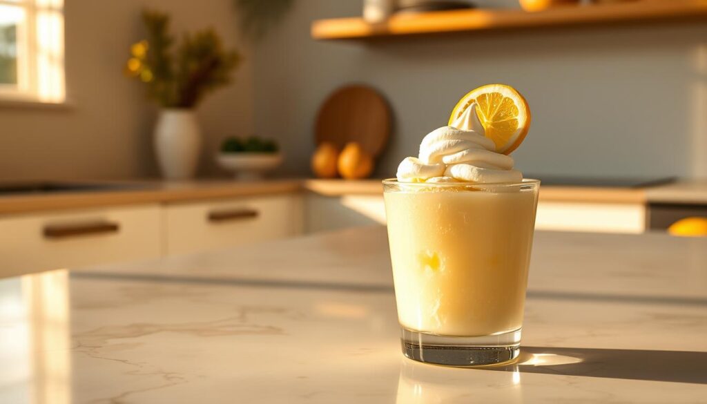 A chilled glass filled with creamy lemon sherbet, topped with a thin layer of frothy whipped cream and a single candied lemon slice. The dessert rests on a marble countertop, bathed in warm, golden-hour lighting that casts soft shadows. In the background, a minimalist, Scandinavian-inspired kitchen setting with muted tones and natural wood accents creates a serene, summery atmosphere. The overall composition evokes a sense of effortless elegance and refreshing indulgence, perfectly capturing the essence of the "Serving, pairing, and storage" section of the article.